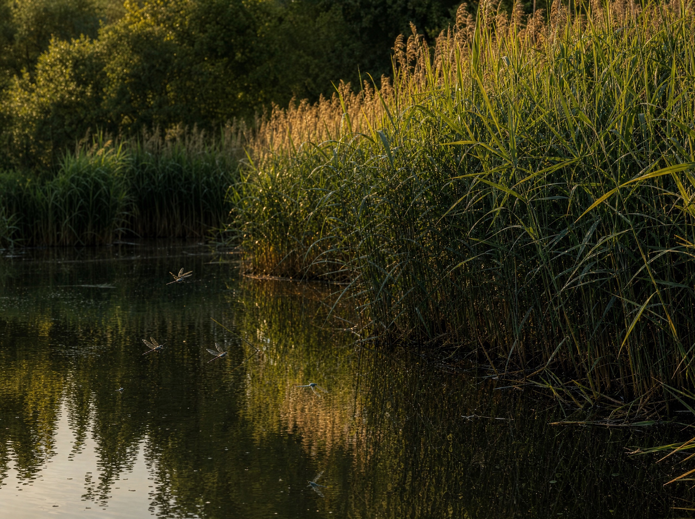 Altrheinarm bei Geinsheim mit Schilfgürtel im Abendlicht