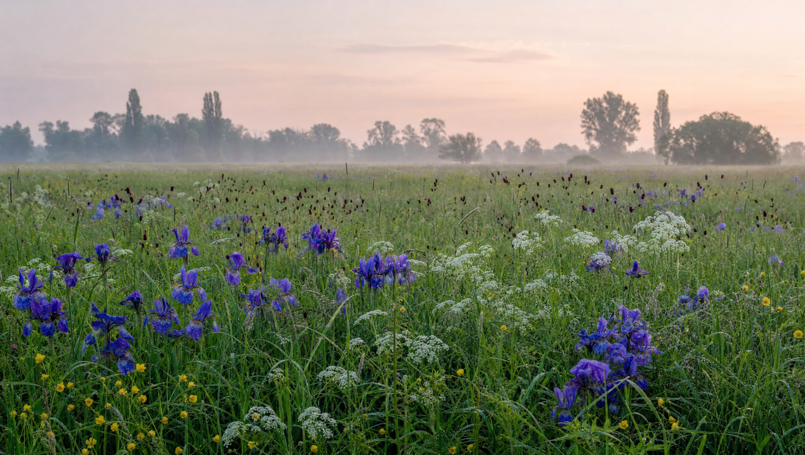 Brenndolden-Auenwiese mit Iris sibirica im Morgennebel, typische Vegetation des FFH-Gebiets Wächterstadt